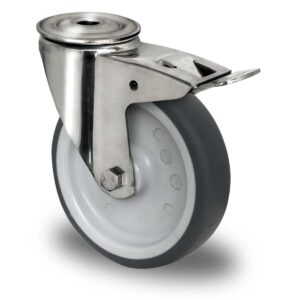 Rückenlochlenkrolle mit Totalfeststeller ø 125 mm Serie P2W2 Gleitlager Edelstahl